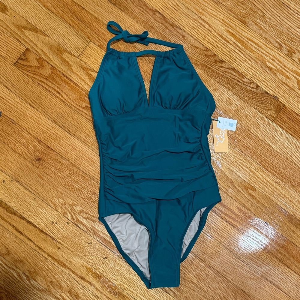 Blue halter top bathing suit.